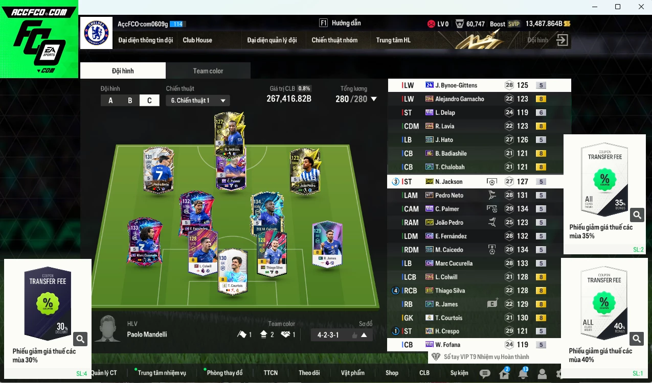 Chelsea 267.410b dư 13.400b có Caicedo 25TS, Enzo CH, Palmer WB, James SPL, Cucurella CH, Courtois RMA, Pedro Neto No.7, Thiago Silva BTB... HLV Xịn